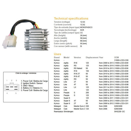 DZE REGULATOR NAPIĘCIA KYMCO AGILITY 50/125/150 '08-'13; PEOPLE 125/200 '05-'10; SUPER 8 50/125 '08-'12