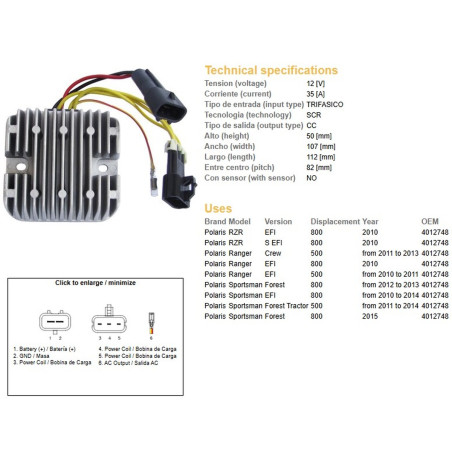DZE REGULATOR NAPIĘCIA POLARIS SPORTSMAN 500/800 '10-'14; RANGER 500/800 '10-'13; RZR 800 '10 (35A) (OEM 4012448)