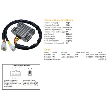 DZE REGULATOR NAPIĘCIA KAWASAKI VN 1500 VULCAN '01-'05; VN 1600 VULCAN '04-'08 (OEM 21066-1126) (SH579-A12)