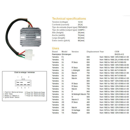 DZE REGULATOR NAPIĘCIA YAMAHA XJ 550/600/650/750/900 '80-'89; XS 650 '78-'83; YX 600 RADIAN '86-'88