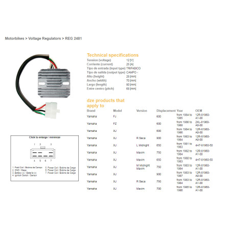 DZE REGULATOR NAPIĘCIA YAMAHA XJ 550/600/650/750/900 '80-'89; XS 650 '78-'83; YX 600 RADIAN '86-'88