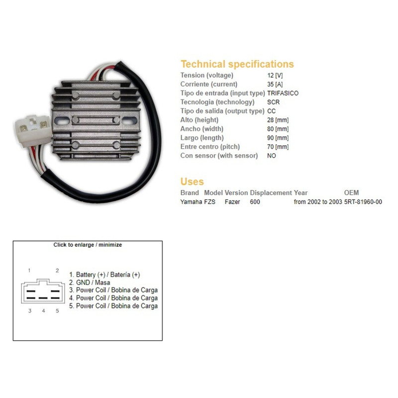 DZE REGULATOR NAPIĘCIA YAMAHA FZS 600 FAZER '02-'03 (5RT-81960-00) 35A DZE REGULATOR NAPIĘCIA YAMAHA FZS 600 FAZER '02-'03 (5RT-81960-00) 35A