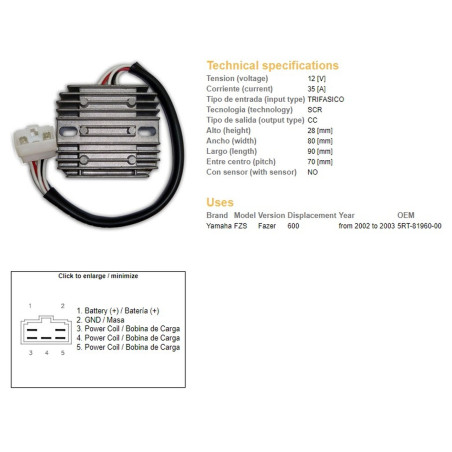 DZE REGULATOR NAPIĘCIA YAMAHA FZS 600 FAZER '98-'99; TDM 850 '93-'96; XVZ 1300 '96-'01 (35A) (ESR360)