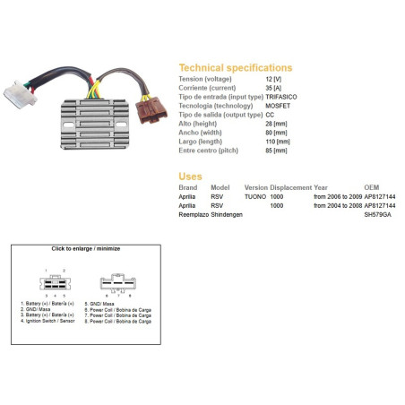 DZE REGULATOR NAPIĘCIA APRILIA RSV 1000 '04-'08; TUONO 1000 '06-'09 (SH579GA) (AP8127144) (ESR549)