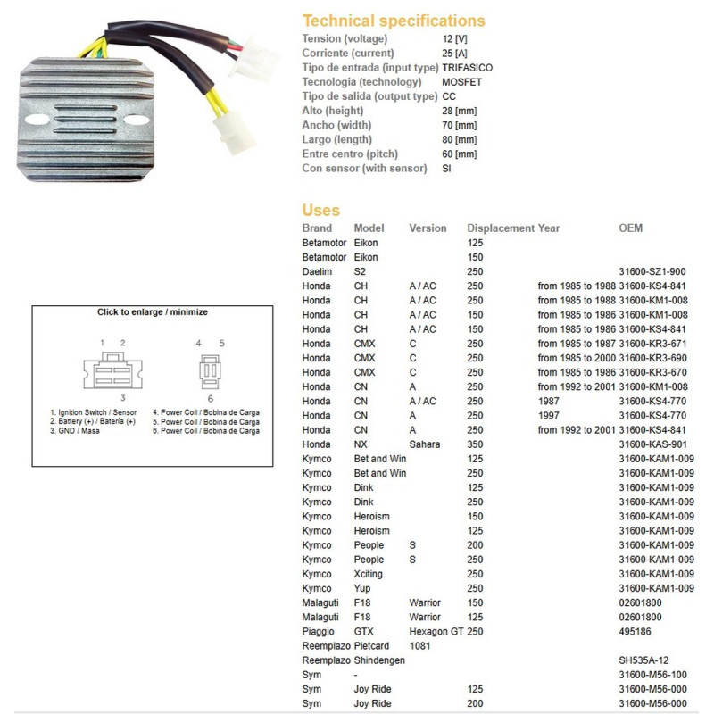 DZE REGULATOR NAPIĘCIA HONDA CMX 250 REBEL '85-'00; CN 250 '87-'01; KYMCO 125/200/250; MALAGUTI; PIAGGIO; SYM (ESR334)