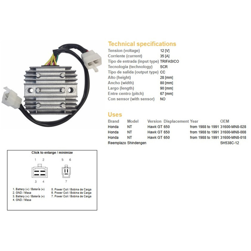 DZE REGULATOR NAPIĘCIA HONDA NTV 650 '88-'91 12V 35A (SH538C-12) (31600-MN8-008) (31600-MN8-028) (ESR252)