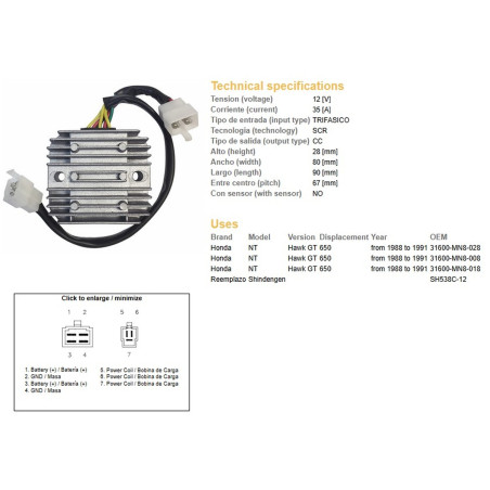 DZE REGULATOR NAPIĘCIA HONDA NTV 650 '88-'91 12V 35A (SH538C-12) (31600-MN8-008) (31600-MN8-028) (ESR252)