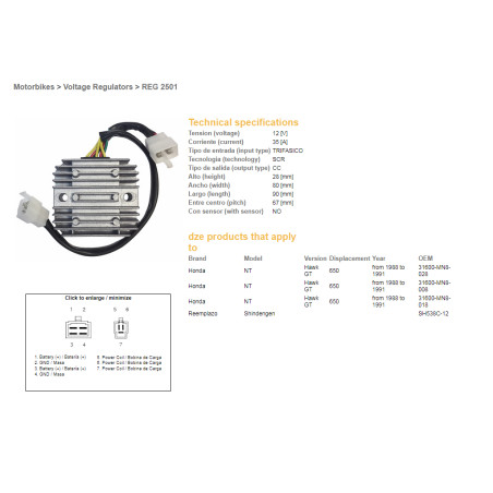 DZE REGULATOR NAPIĘCIA HONDA NTV 650 '88-'91 12V 35A (SH538C-12) (31600-MN8-008) (31600-MN8-028) (ESR252)