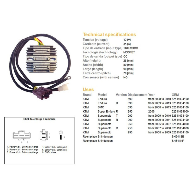 DZE REGULATOR NAPIĘCIA KTM 690R ENDURO '08-'13; 950R SUPER ENDURO '06-; SUPERMOTO 950/990R '05-'11 (SH541SB, SH541KF) DZE REGULATOR NAPIĘCIA KTM 690R ENDURO '08-'13; 950R SUPER ENDURO '06-; SUPERMOTO 950/990R '05-'11 (SH541SB, SH541KF)