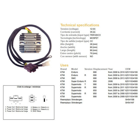 DZE REGULATOR NAPIĘCIA KTM 690R ENDURO '08-'13; 950R SUPER ENDURO '06-; SUPERMOTO 950/990R '05-'11 (SH541SB, SH541KF)