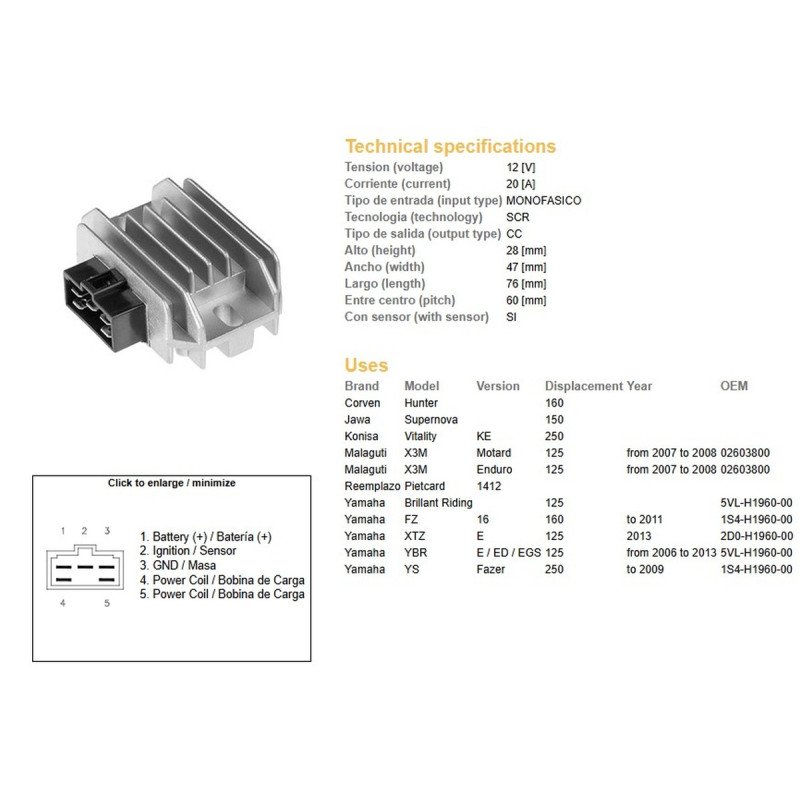 DZE REGULATOR NAPIĘCIA YAMAHA YBR 125 '06-'13 (20A) (5VL-H1960-00)