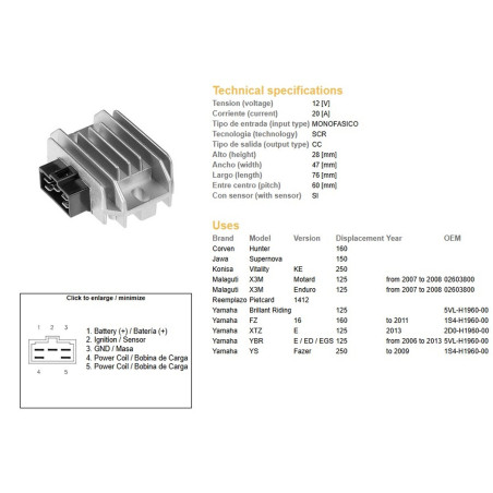 DZE REGULATOR NAPIĘCIA YAMAHA YBR 125 '06-'13 (20A) (5VL-H1960-00)