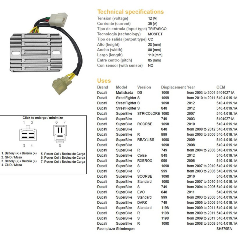 DZE REGULATOR NAPIĘCIA DUCATI DS 1000 MULTISTRADA '03-'04; DUCATI 749/848/999/1098/1099/1198 (OEM-540.4.019.1A)
