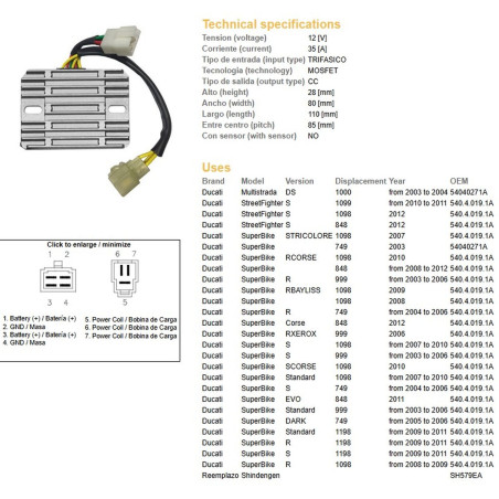 DZE REGULATOR NAPIĘCIA DUCATI DS 1000 MULTISTRADA '03-'04; DUCATI 749/848/999/1098/1099/1198 (OEM-540.4.019.1A)
