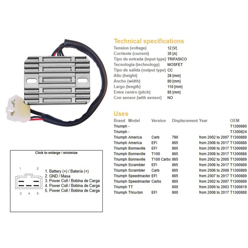 DZE REGULATOR NAPIĘCIA TRIUMPH AMERICA 790/865 '02-'17; BONNEVILLE 865 '02-'17; SCRAMBLER/SPEEDMASTER 865 '02-'17 DZE REGULATOR NAPIĘCIA TRIUMPH AMERICA 790/865 '02-'17; BONNEVILLE 865 '02-'17; SCRAMBLER/SPEEDMASTER 865 '02-'17