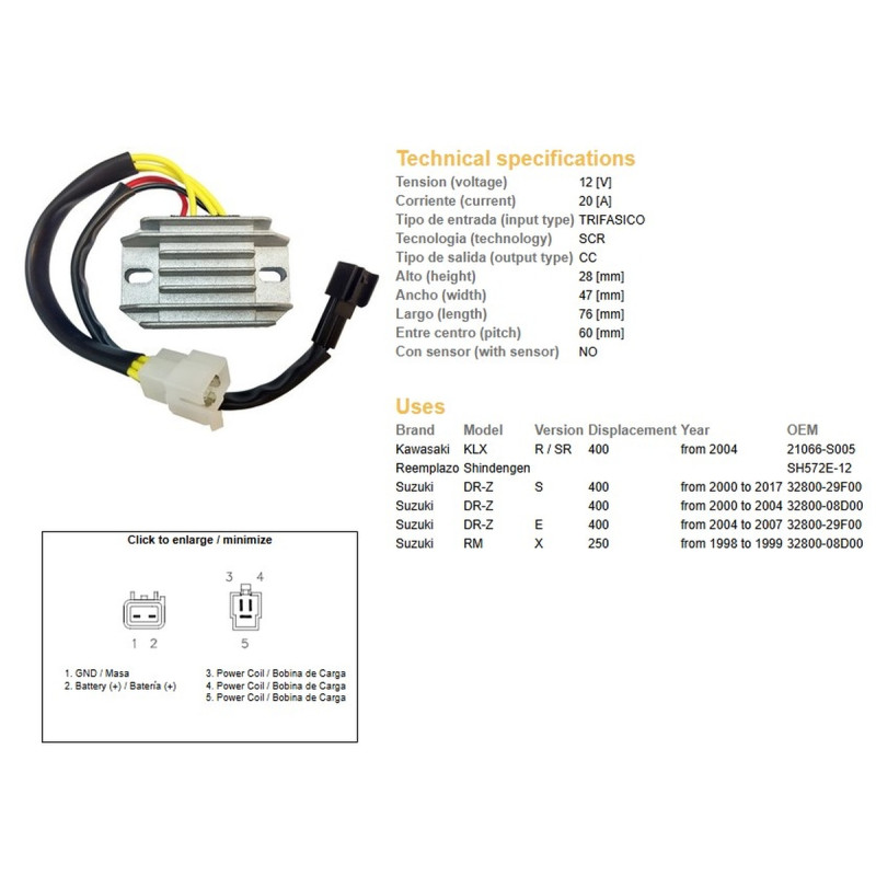 DZE REGULATOR NAPIĘCIA SUZUKI DRZ 400/E/S '00-'17 (DR-Z); KAWASAKI KLX 400 '04- (32800-29F00, 32800-08D00) (SH572E-12) DZE REGULATOR NAPIĘCIA SUZUKI DRZ 400/E/S '00-'17 (DR-Z); KAWASAKI KLX 400 '04- (32800-29F00, 32800-08D00) (SH572E-12)