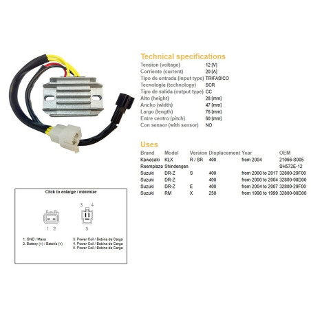 DZE REGULATOR NAPIĘCIA SUZUKI DRZ 400/E/S '00-'17 (DR-Z); KAWASAKI KLX 400 '04- (32800-29F00, 32800-08D00) (SH572E-12)