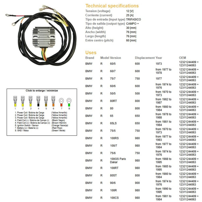 DZE REGULATOR NAPIĘCIA BMW R 60/75/65/80/90/100 '74-'88, MOTO GUZZI 650/750/850/1000 '75-'95 (12321244409, 12311244063)