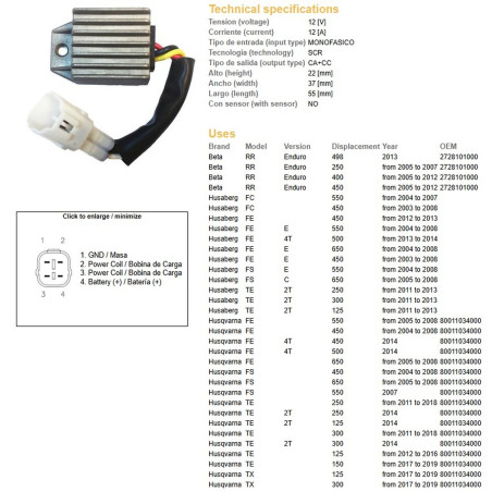 DZE REGULATOR NAPIĘCIA KTM EXC 125/200/250/300/400/525/530 '98-'13; XC-W 250/450/525 '07-'08