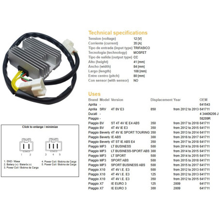 DZE REGULATOR NAPIĘCIA APRILIA SRV 850 '12-'13; PIAGGIO BEVERLY 300 '16-'17; BEVERLY 350 '17-'18; MP3 500 '14-'18