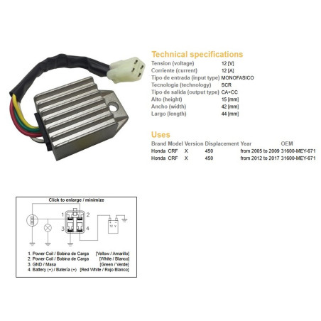 DZE REGULATOR NAPIĘCIA HONDA CRF 450X '05-'17 (OEM 31600-MEY-671) (12A)