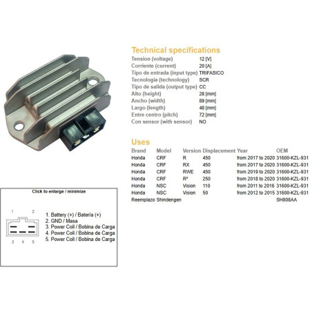 DZE REGULATOR NAPIĘCIA HONDA NSC 50 VISION '12-'15; NSC 110 VISION '11-'16; CRF 250R '18-'20; CRF 450R '17-'20