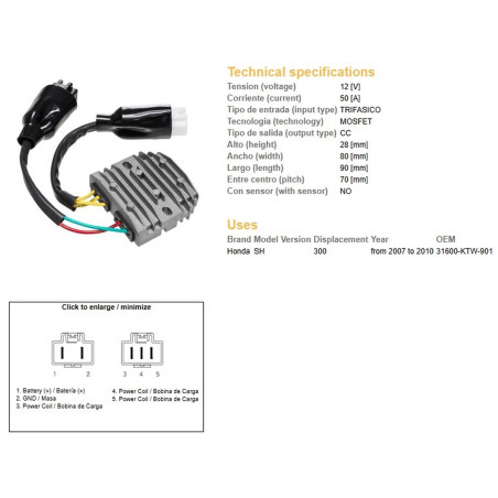 DZE REGULATOR NAPIĘCIA HONDA SH 300 '07-'10 (OEM 31600-KTW-901) MOSFET (50A)