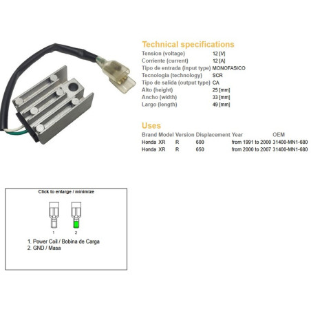 DZE REGULATOR NAPIĘCIA HONDA XR 600R '91-'00; XR 650R '00-'07 (OEM 31400-MN1-680) (12A)