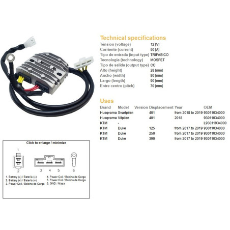 DZE REGULATOR NAPIĘCIA KTM DUKE 125 '17-'19; DUKE 250 '17-'19; DUKE 390 '17-'19; HUSQVQRNA SVARTPILEN 401 '18-'19