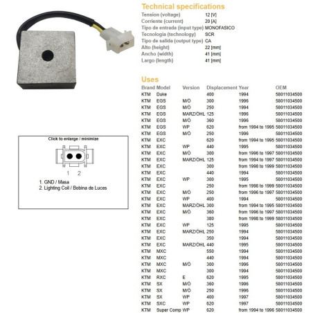 DZE REGULATOR NAPIĘCIA KTM EGS 125/250/300/360 '96; EXC 125/200/250/300/380 '98-'99, SC 620 '94-'98; TXC 400/620 '98