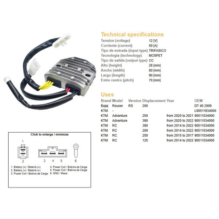 DZE REGULATOR NAPIĘCIA KTM RC 125 '14-'22; RC 200 '14-'22; RC 250 '15-'17; 250 ADVENTURE '20-'21