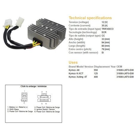 DZE REGULATOR NAPIĘCIA KYMCO K-XCT 125; XCITING 400; AK 550 (WSZYSTKIE ROCZNIKI) (OEM 31600-LKF5-E00) (35A)