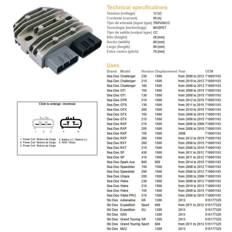 DZE REGULATOR NAPIĘCIA SEA DOO CHALLENGER/GTI/RXP/WAKE 1500 '08-'12; GRAND TOURING 600/1200 '11-'13 (OEM 710001103)