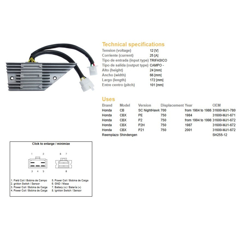 DZE REGULATOR NAPIĘCIA HONDA CB 700 NIGH HAWK '84-'86; CBX 750 '84-'01 (31600-MJ-671, 31600-MJ1-780)