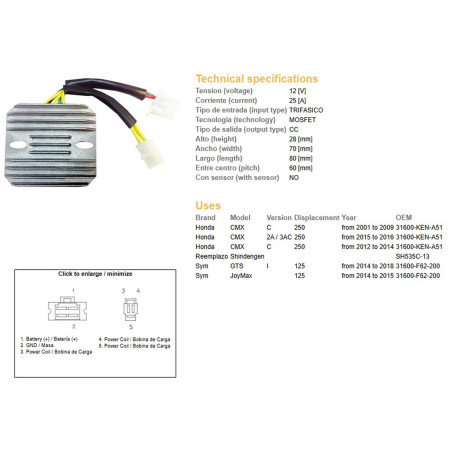 DZE REGULATOR NAPIĘCIA HONDA CMX 250 '01-'14 (31600-KEN-A51) (SH535C-13) (ESR181)