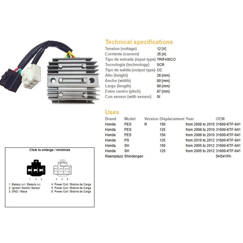 DZE REGULATOR NAPIĘCIA HONDA SH 125/150 '05-'12 (35A) (31600-KTF-641) (SH541PA) (ESR910)