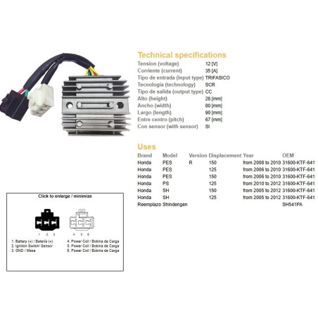 DZE REGULATOR NAPIĘCIA HONDA SH 125/150 '05-'12 (35A) (31600-KTF-641) (SH541PA) (ESR910)