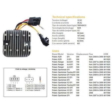 DZE REGULATOR NAPIĘCIA POLARIS SPORTSMAN EFI 500/700/800; RANGER EFI 500/700/800 (12V/35A) (4012384, 4011569, 4011925)