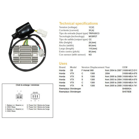DZE REGULATOR NAPIĘCIA HONDA CB 900F HORNET '04-'07; VTX 1300S/R/C '05-'09 (31600-MEA-741)(35A)(ESR437)