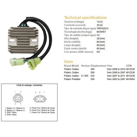 DZE REGULATOR NAPIĘCIA POLARIS PREDATOR 500 '03-'07; OUTLAW 400/500/525 '06-'11 (35A) (OEM-4010654, 4012536) (ESR541)