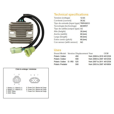 DZE REGULATOR NAPIĘCIA POLARIS PREDATOR 500 '03-'07; OUTLAW 400/500/525 '06-'11 (35A) (OEM-4010654, 4012536) (ESR541)