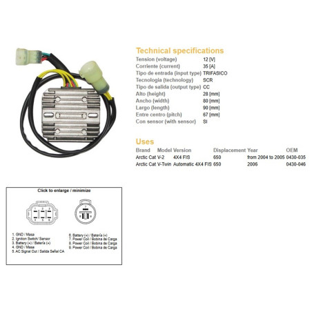 DZE REGULATOR NAPIĘCIA ARCTIC CAT 650 '04-'06 (OEM-0430-035, 0430-046) 12V35A