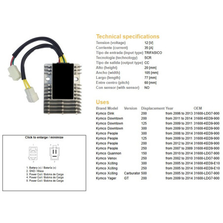 DZE REGULATOR NAPIĘCIA KYMCO XCTING 250/500 '06-'11; DINK 200 '06-'13; PEOPLE 125/200/250 '07-'14 (ESR921)