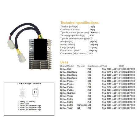 DZE REGULATOR NAPIĘCIA KYMCO XCTING 250/500 '06-'11; DINK 200 '06-'13; PEOPLE 125/200/250 '07-'14 (ESR921)