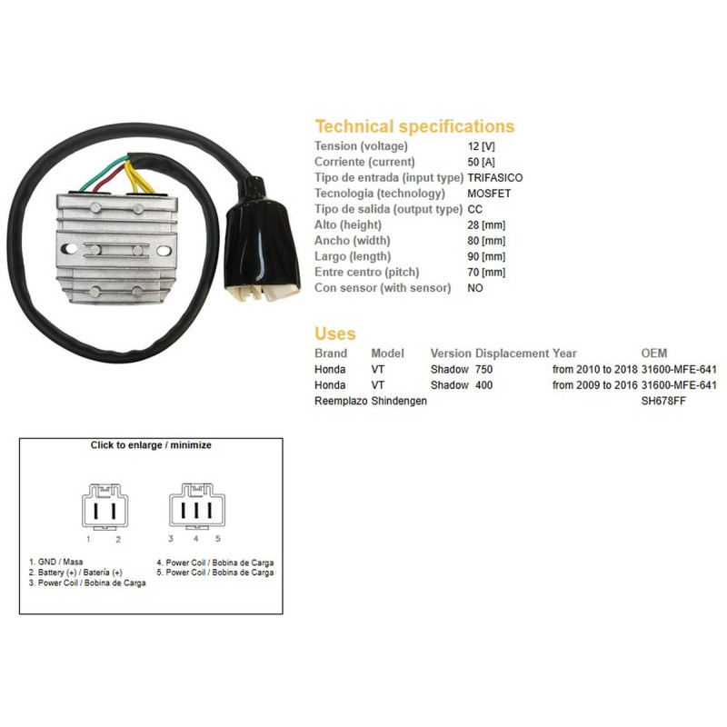 DZE REGULATOR NAPIĘCIA HONDA VT 750C SHADOW '10-'18 (31600-MFE-641) (50A) (MOSFET)