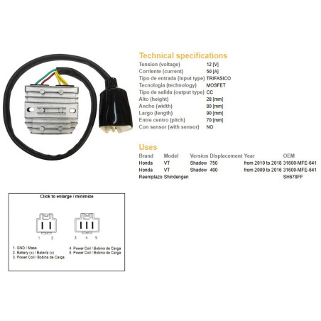 DZE REGULATOR NAPIĘCIA HONDA VT 750C SHADOW '10-'18 (31600-MFE-641) (50A) (MOSFET)