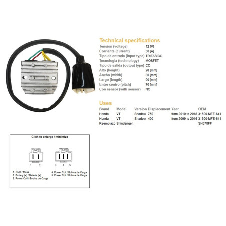 DZE REGULATOR NAPIĘCIA HONDA VT 750C SHADOW '10-'18 (31600-MFE-641) (50A) (MOSFET)