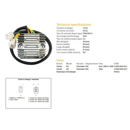 DZE REGULATOR NAPIĘCIA HONDA NX 650 DOMINATOR '95-'99; '02 (31600-MAN-621) (35A)