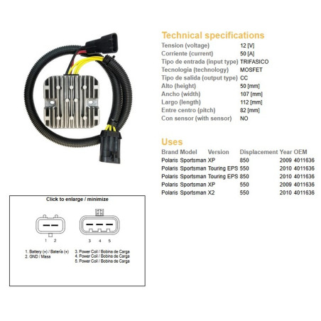 DZE REGULATOR NAPIĘCIA POLARIS SPORTSMAN 550 '09-'10, 850 '09-'10 (40111636) (50A)