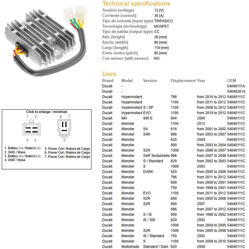 DZE REGULATOR NAPIĘCIA DUCATI 600/620/748/750/796/800/900/916/944/992/996/1000/1100 '98-'12 - ZASTĘPUJE 2354-01